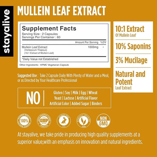 STAY ALIVE Mullein Leaf Extract 1000mg, 10:1 Extra Strength, 120 Vegan Mullein Capsules, All Natural, 100% Pure Leaves Powder, 2 Month Supply, Non-GMO and Gluten-Free Supplement