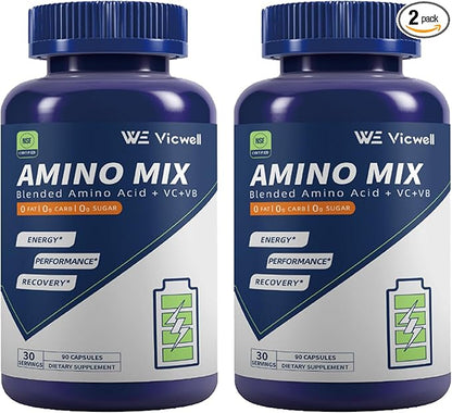 Amino Acid, Supports Muscle Recovery and Lean Muscle Growth, Enhances Energy and Endurance, Contains Essential Amino Acids and BCAAs, 180 Capsules (2 Bottles)