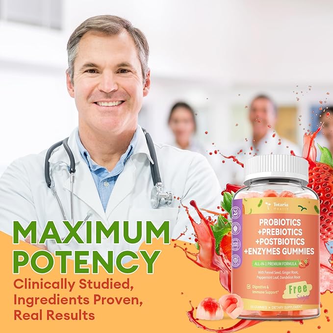 (2 Packs) Totaria Sugar Free 5-in-1 Probiotic Prebiotic Postbiotic Gummy, Probiotics for Women Men with Digestive Enzymes, Peppermint, Complete Immune, Gut & Digestive Support, Vegan Strawberry Flavor