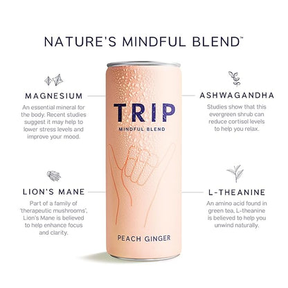 Trip Mindful Blend, Lightly Sparkling Adaptogen Seltzer, Mocktail w/ 120mg Magnesium Citrate with Ashwagandha, Lions Mane & L Theanine, No Added Sugar, Vegan, Peach Ginger, 12 Oz, 12Pk
