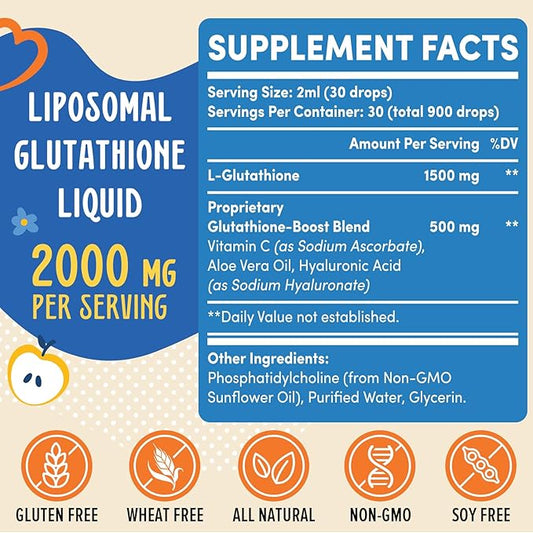 2000MG Liposomal Glutathione Liquid, 98% Absorption, Active Form L-Glutathione Supplement, Vegan Friendly, Powerful Antioxidant Complex for Immune System, Aging Defense, Detox, 16 FL.OZ