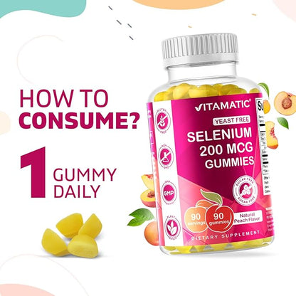 Vitamatic Yeast Free Selenium Gummies 200mcg as Selenomethionine Supplement Essential Trace Mineral with Superior Absorption 90 Pectin Based Gummies