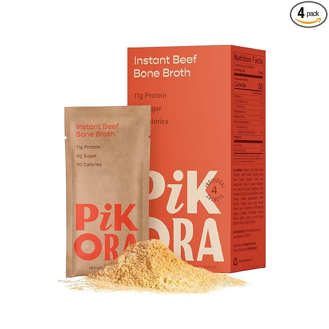 Pikora Beef Bone Broth Instant Powdered Mix (1 Pack, 4 Servings) | High-Protein, Gluten-Free, Collagen-Rich, No Sugar, Keto & Paleo Friendly | 11g Protein, 50 Calories per Serving