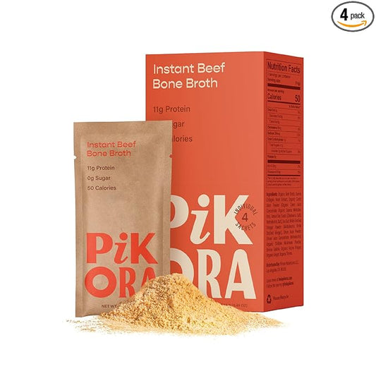 Pikora Beef Bone Broth Instant Powdered Mix (1 Pack, 4 Servings) | High-Protein, Gluten-Free, Collagen-Rich, No Sugar, Keto & Paleo Friendly | 11g Protein, 50 Calories per Serving