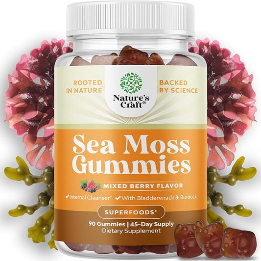 Natures Craft Irish Sea Moss Gummies for Women, Men & Kids - Immune Support Supplement with Irish Sea Moss, Bladderwrack & Burdock Root - Detox Gummies for Body Cleanse - 90 Chewable Gums
