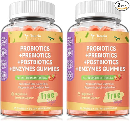 (2 Packs) Totaria Sugar Free 5-in-1 Probiotic Prebiotic Postbiotic Gummy, Probiotics for Women Men with Digestive Enzymes, Peppermint, Complete Immune, Gut & Digestive Support, Vegan Strawberry Flavor