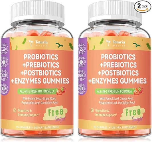(2 Packs) Totaria Sugar Free 5-in-1 Probiotic Prebiotic Postbiotic Gummy, Probiotics for Women Men with Digestive Enzymes, Peppermint, Complete Immune, Gut & Digestive Support, Vegan Strawberry Flavor