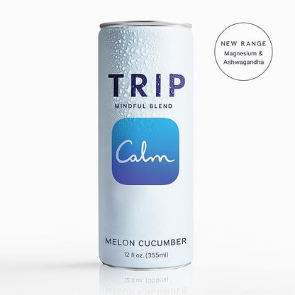 Trip Mindful Blend, Lightly Sparkling Adaptogen Seltzer, Mocktail w/ 120mg Magnesium Citrate with Ashwagandha, Lions Mane & L Theanine, No Added Sugar, Vegan, Melon Cucumber, 12 Oz, 12Pk