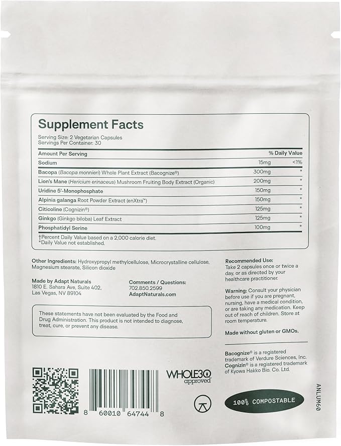 Adapt Naturals Luminous Mind Nootropic Brain Supplement with Ginkgo Biloba, Bacopa and Lions Mane | Memory, Focus, Mental Clarity and Elevated Mood Support | No Caffeine, Crash Free - 60 Days Supply