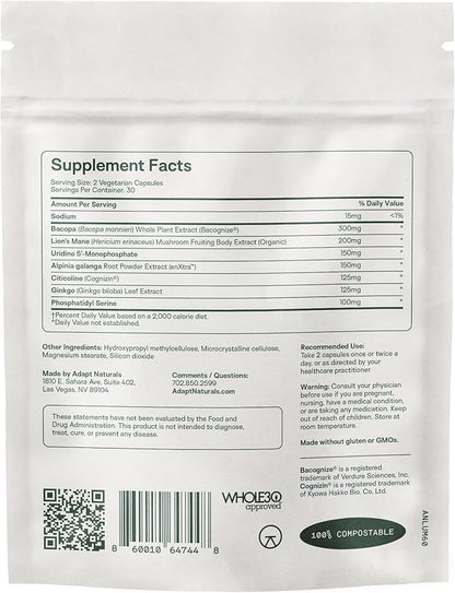 Adapt Naturals Luminous Mind Nootropic Brain Supplement with Ginkgo Biloba, Bacopa and Lions Mane | Memory, Focus, Mental Clarity and Elevated Mood Support | No Caffeine, Crash Free - 60 Days Supply