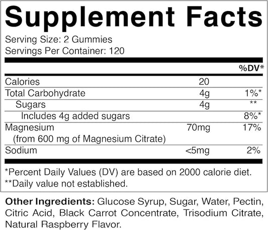 Vitamatic Magnesium Citrate Gummies 600mg per Serving - 240 Vegan Gummies - Natural Raspberry Flavor - High Absorption Magnesium Supplement - Supports Nerve, Bone and Muscle Health