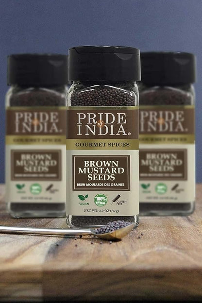 Pride of India – Brown Mustard Seed Whole – Gourmet Indian Spice – Hot & Spicy Flavor – Ideal seasoning for sauces/dips/spice blends – Easy to Use – 2.5 oz. Small Dual Sifter Bottle