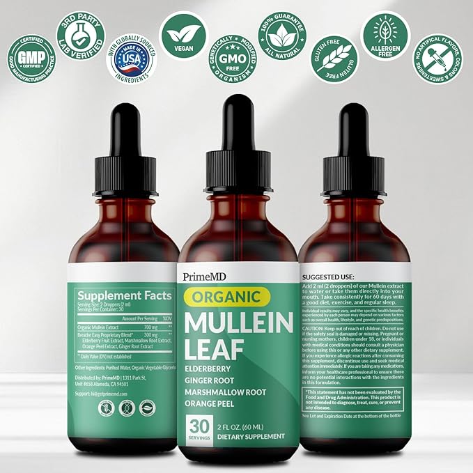 5-in-1 Mullein Drops for Lungs and Bronchial - Respiratory Lung Health Support with Mullen Leaf Extract for Lungs - Mullein Tincture with Elderberry, Echinacea and Ginger Root (60 Servings) (2-pack)