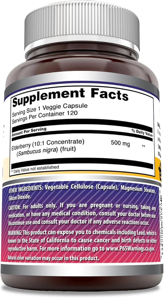Amazing Formulas Elderberry Supplement | 500 Mg Per Serving | 120 Veggie Capsules | 10:1 Concentrate | Non-GMO | Gluten-Free | Made in USA