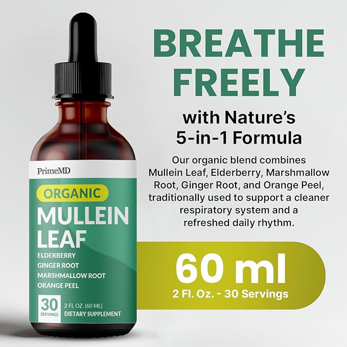 5-in-1 Mullein Drops for Lungs and Bronchial - Respiratory Lung Health Support with Mullen Leaf Extract for Lungs - Mullein Tincture with Elderberry, Echinacea and Ginger Root (60 Servings) (2-pack)