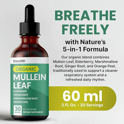 5-in-1 Mullein Drops for Lungs and Bronchial - Respiratory Lung Health Support with Mullen Leaf Extract for Lungs - Mullein Tincture with Elderberry, Echinacea and Ginger Root (60 Servings) (2-pack)