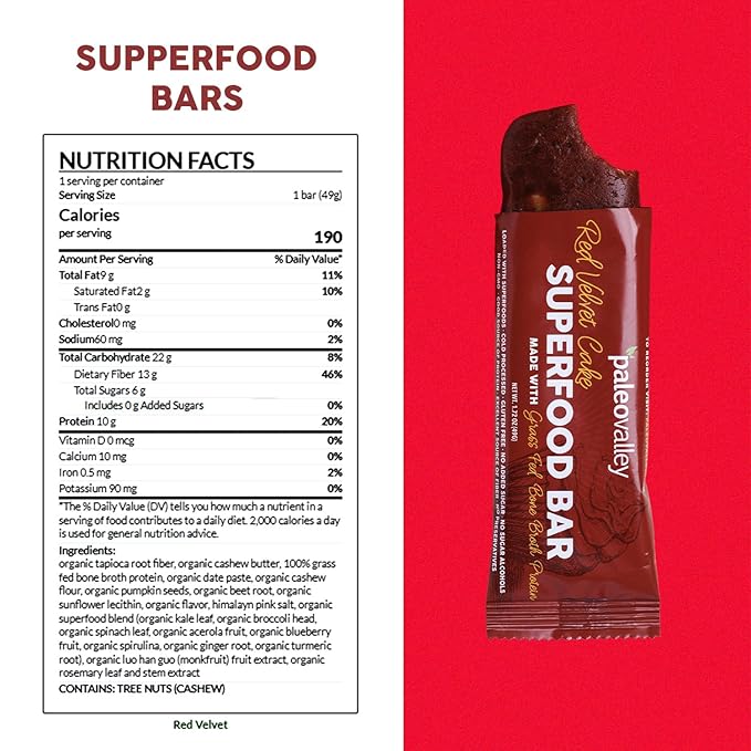 Paleovalley Superfood Bars – Red Velvet– 10 Pack – 9g Protein per Bar – Gluten-Free, Grain-Free, Paleo, Non-GMO – On-the-Go Snack