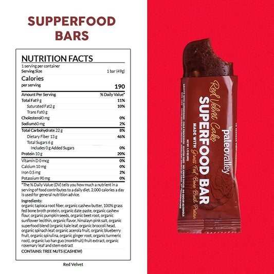 Paleovalley Superfood Bars – Red Velvet– 10 Pack – 9g Protein per Bar – Gluten-Free, Grain-Free, Paleo, Non-GMO – On-the-Go Snack