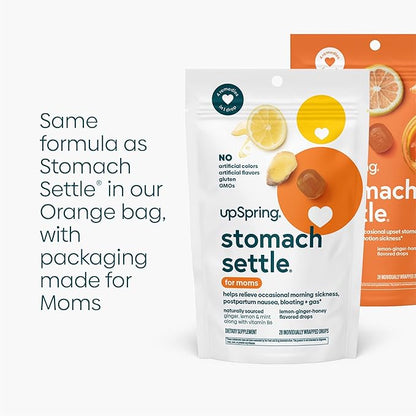 UpSpring Stomach Settle for Moms Drops for Occasional Morning Sickness with Ginger, Lemon, Spearmint, and B6. Individually Wrapped Drops, 28 Ct(Packaging May Vary)