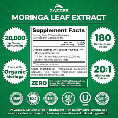 Zazzee Organic Moringa 20:1 Extract, 20,000 mg Strength, 180 Vegan Capsules, 100% Pure Oleifera Leaf Superfood, Concentrated and Standardized 20X Extract, All-Natural, Non-GMO, Made in The USA