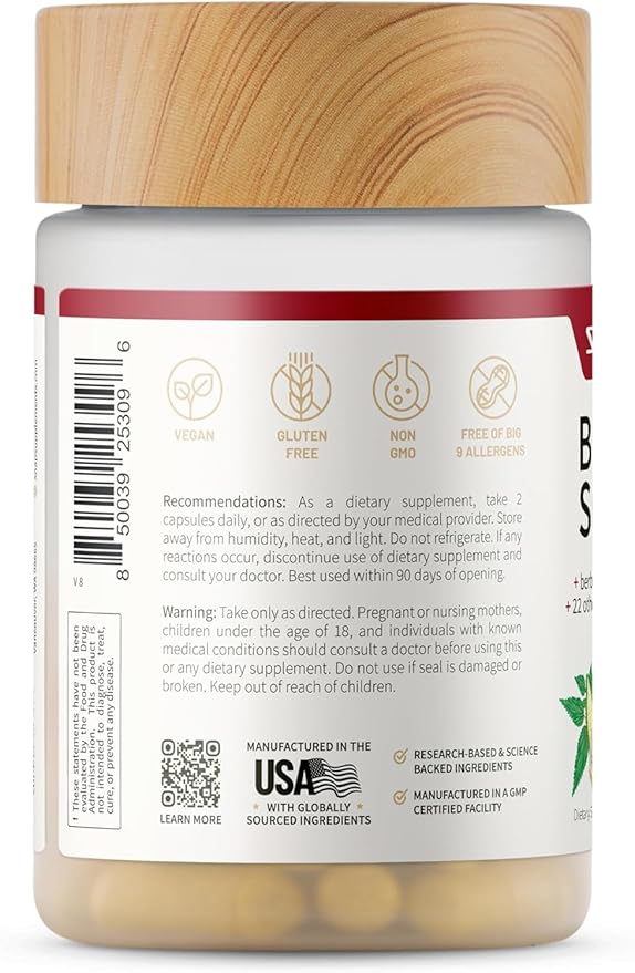 Snap Supplements Blood Sugar Blend with Berberine, CoQ10, Cinnamon, Alpha Lipoic Acid and Gymnema to Support Healthy Blood Sugar, Metabolic Health and Energy, Sugar Free, 60 Capsules