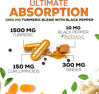 Turmeric Curcumin Supplement 1950mg - 95% Curcuminoids with Organic Turmeric & Ginger, BioPerine Black Pepper for Best Absorption, Nature's Vegan Joint Support, Non-GMO, Bottled in USA - 240 Capsules