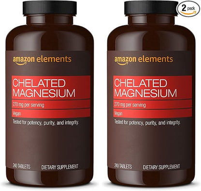 Amazon Elements - Chelated Magnesium, 240 tablets, 270 mg per Serving, as Magnesium Glycinate Chelate, Vegan (pack of 2)