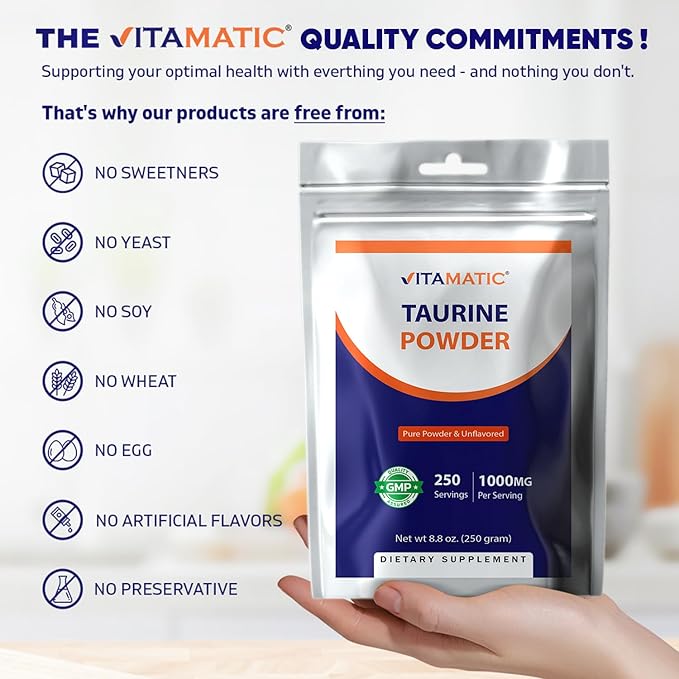 Vitamatic Pure Taurine 1000mg 250 Servings - Non-GMO, Gluten Free