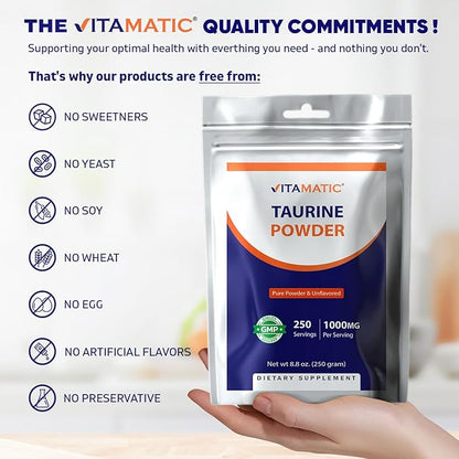 Vitamatic Pure Taurine 1000mg 250 Servings - Non-GMO, Gluten Free