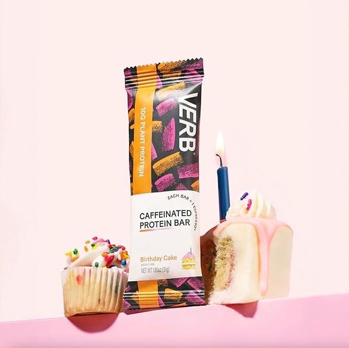 Verb Energy - Caffeinated Protein Bars Birthday Cake 10g Plant Based Protein Bars High Protein - Vegan Snack - Gluten Free Breakfast Snack with Organic Green Tea, 51g (Pack of 12)