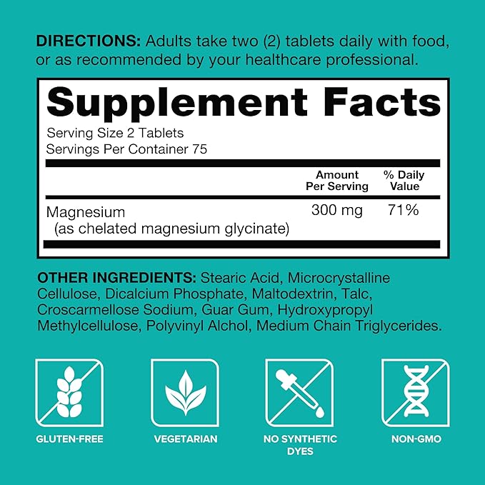 Qunol Magnesium Glycinate 300mg, 100% Glycinate Chelated Magnesium Supplement, 150ct Tablets