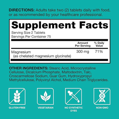 Qunol Magnesium Glycinate 300mg, 100% Glycinate Chelated Magnesium Supplement, 150ct Tablets