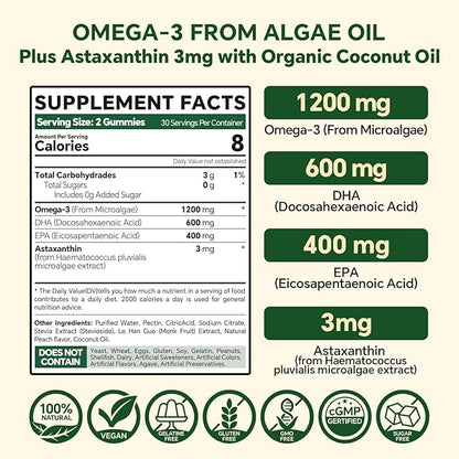 Vegan Omega 3 Gummies 1200mg - Dual Layer - Fish Oil Alternative, Marine Algae Omega 3 Supplement DHA 600mg, EPA 400mg with Astaxanthin,Sugar Free,60 Cts