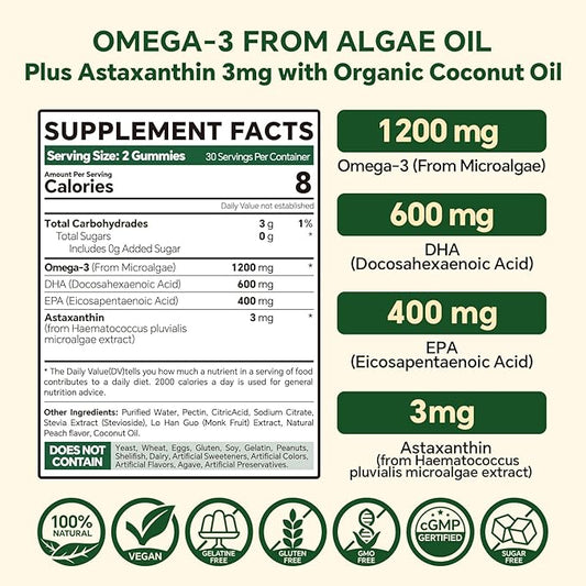 Vegan Omega 3 Gummies 1200mg - Dual Layer - Fish Oil Alternative, Marine Algae Omega 3 Supplement DHA 600mg, EPA 400mg with Astaxanthin,Sugar Free,60 Cts