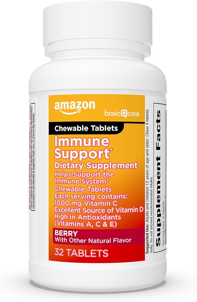 Amazon Basic Care - Immune Support Supplement, Berry Chew Tablets, excellent source of the body-essential sunshine Vitamin D, 32 Count