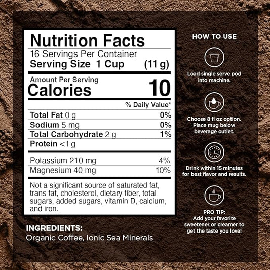 VitaCup Mineral Coffee Pods with Trace Minerals, Hydrate, Replenish & Restore, w/Sea Minerals, Electrolytes, Organic Coffee, Medium Dark Roast, Single Serve Pod Compatible w/Keurig K-Cup Brewers,64 Ct