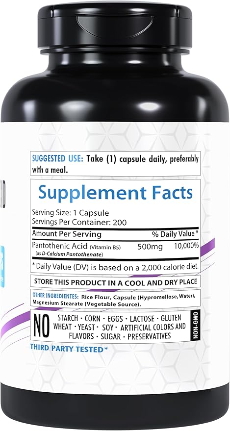 Pantothenic Acid 500mg | 200 Veg Capsules | Supports Energy Levels | Skin & Hair Health | Non-GMO | Made in The USA