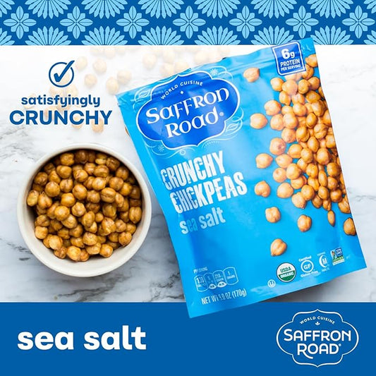 Saffron Road Roasted and Crunchy Sea Salt Chickpeas | High Protein Snacks | Certified Organic, Gluten-free, Vegan, Non-GMO, and Certified Halal and Kosher | 5.4oz Pouch | Pack of 6