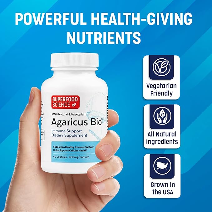 Agaricus Bio 600 mg, Natural Killer Cell Activity -USA-Grown Organic Agaricus Blazei Murill Mushroom for Immune Support, Liver & Cellular Health, High Beta Glucan Supplements, 60 Caps