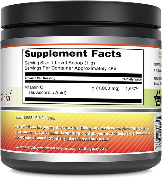 Amazing Formulas Vitamin C Powder Supplement | Unflavored Ascorbic Acid 1 Gram per Serving | 454 Servings per Container | Non-GMO | Gluten-Free | Made in USA