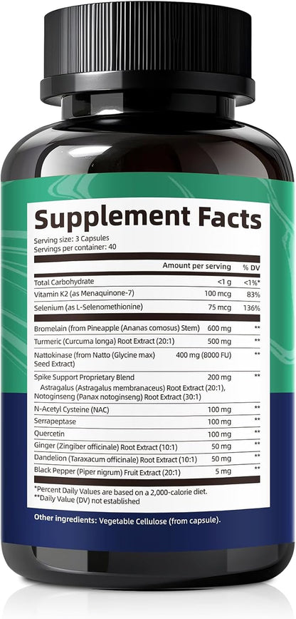 Spike Protein Detox Capsules, 8000 FU Nattokinase Supplement with Bromelain and Curcumin, 13-in-1 Full Spectrum Spike Support Supplement for Immune & Antioxidant Health, Non-GMO, 120 Capsules