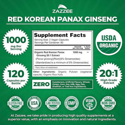Zazzee USDA Organic Red Korean Panax Ginseng 20:1 Extract, 1000 mg, 5% Ginsenosides, 120 Vegan Capsules, Standardized and Concentrated 20X Root Extract, 100% Vegetarian, All-Natural, Made in The USA