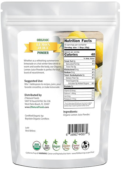 Z Natural Foods Organic Lemon Juice Powder, Enriched with Vitamin C, Ideal for Lemonade, Juice, Shakes, and Recipes, Gluten Free, Non-GMO, 1 lb