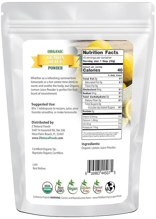 Z Natural Foods Organic Lemon Juice Powder, Enriched with Vitamin C, Ideal for Lemonade, Juice, Shakes, and Recipes, Gluten Free, Non-GMO, 1 lb