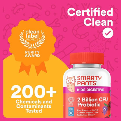 SmartyPants Kids Probiotic Gummies for Digestive Health: 2 Billion CFU Gut Health and Immune Support Supplement, Clinically Studied Probiotic, Gluten Free, Grape, 30 Count (30 Day Supply)