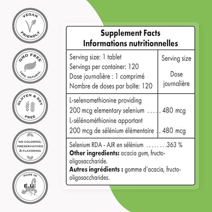 SuperSmart - L-Selenomethionine 200mcg per Day (Selenium Supplement) - High Absorption - Essential Trace Mineral | Non-GMO & Gluten Free - 120 Tablets