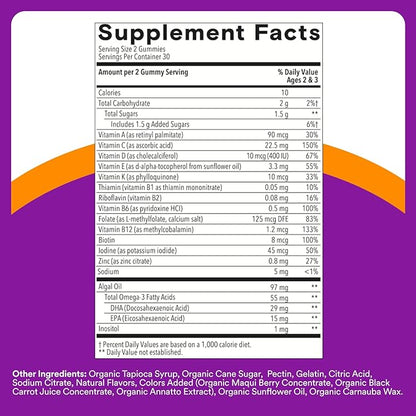 SmartyPants Toddler Multivitamin Gummies - Improved Formula: Omega 3 (DHA/EPA), Vitamins D3, C, Vitamin B12, B6, A, K & Zinc, Biotin, Gluten Free, Three Fruit Flavors, 60 Count (30 Day Supply)