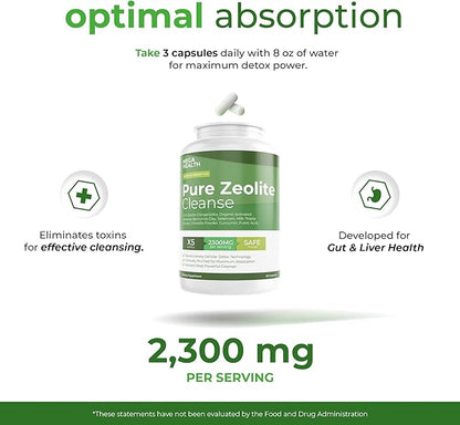 2300 MG Pure Zeolite Cleanse – Ultra-Fine Clinoptilolite Zeolite Detox, Activated Charcoal & Bentonite Clay – Liver & Gut Detox Cleanse, Toxin Flush, Digestive, Max Absorption, 90 Vegan Capsules