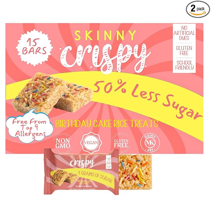 Skinny Crispy Birthday Cake Rice Treats – Low Sugar (4g), Vegan, Gluten-Free, Dairy-Free, Non-GMO, Top 9 Allergen-Free, Healthy Snack Bars, 15 Count