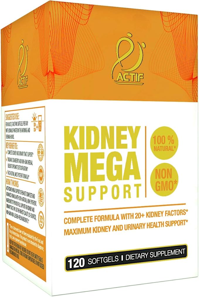 Actif Kidney Mega Support with 10+ Advanced Factors, Boosts Healthy Kidney Function, Kidney Cleanse, Non-GMO, Fast Acting, Made in USA, 120 Count